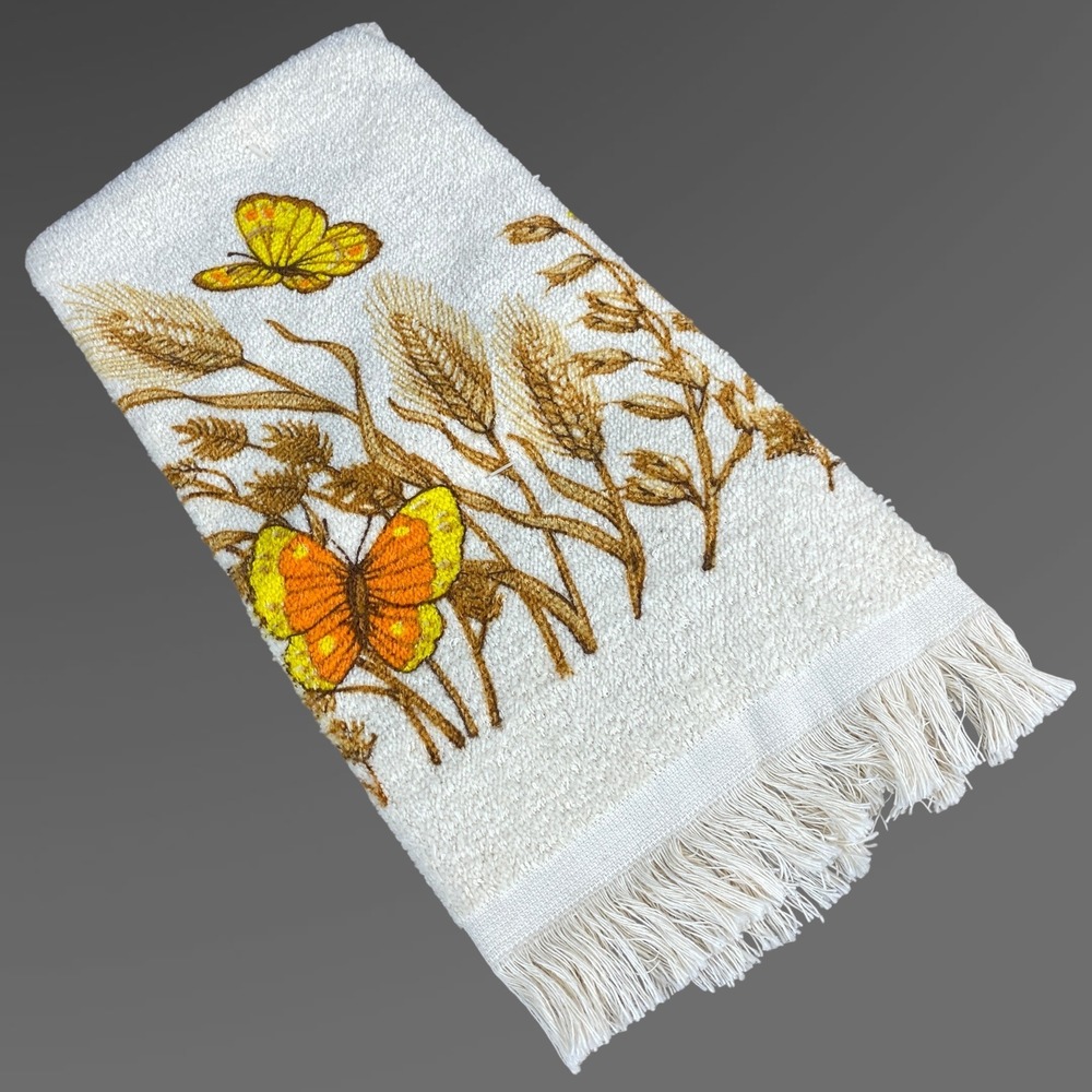 Butterfly Hand Towel NOS Franco Fringed Wheat Floral Bath Decor 1970s 80s
